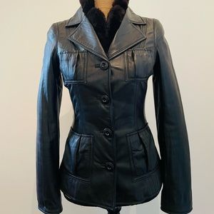 Danier Women’s Black Leather Jacket with Removable Rabbit Fur Collar